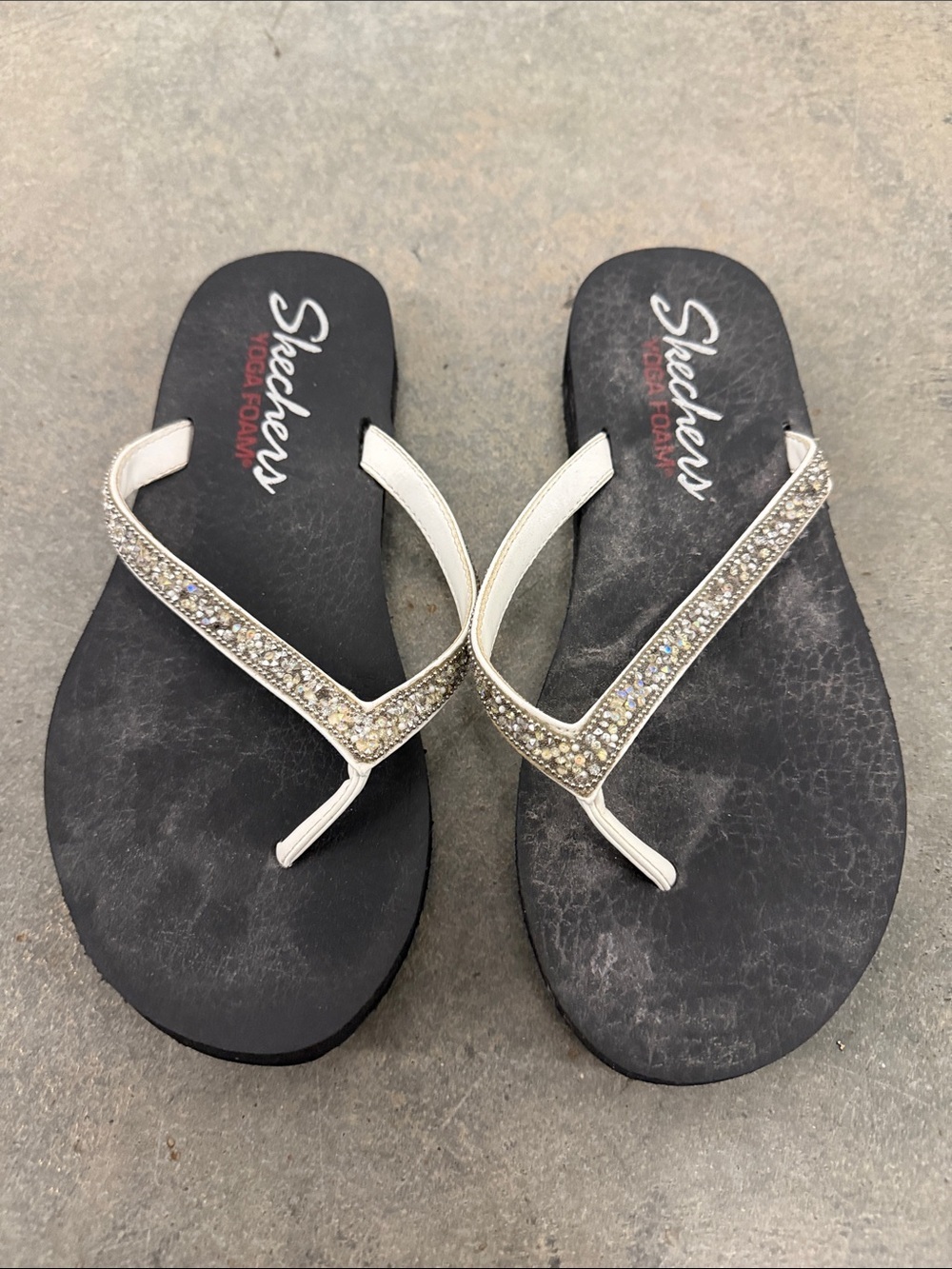 Skechers Women's White Rhinestone Embellished Toe-Post Sandals